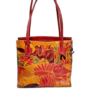 Vintage Hand Painted & Tooled Leather Two Handle Tote Bag Purse Elephant Animals